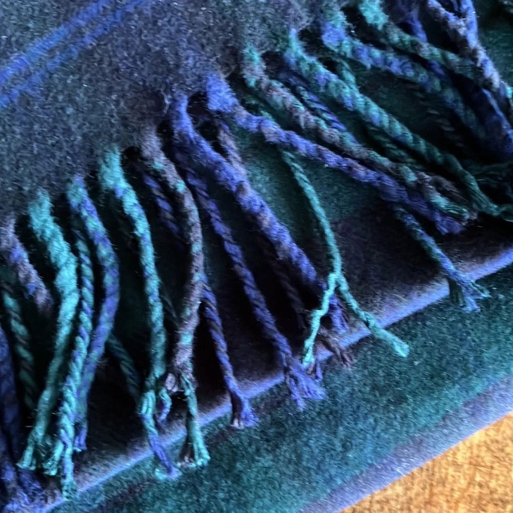 John Ashford Plaid Green Blue Black Fringe Mens Scarf NWT